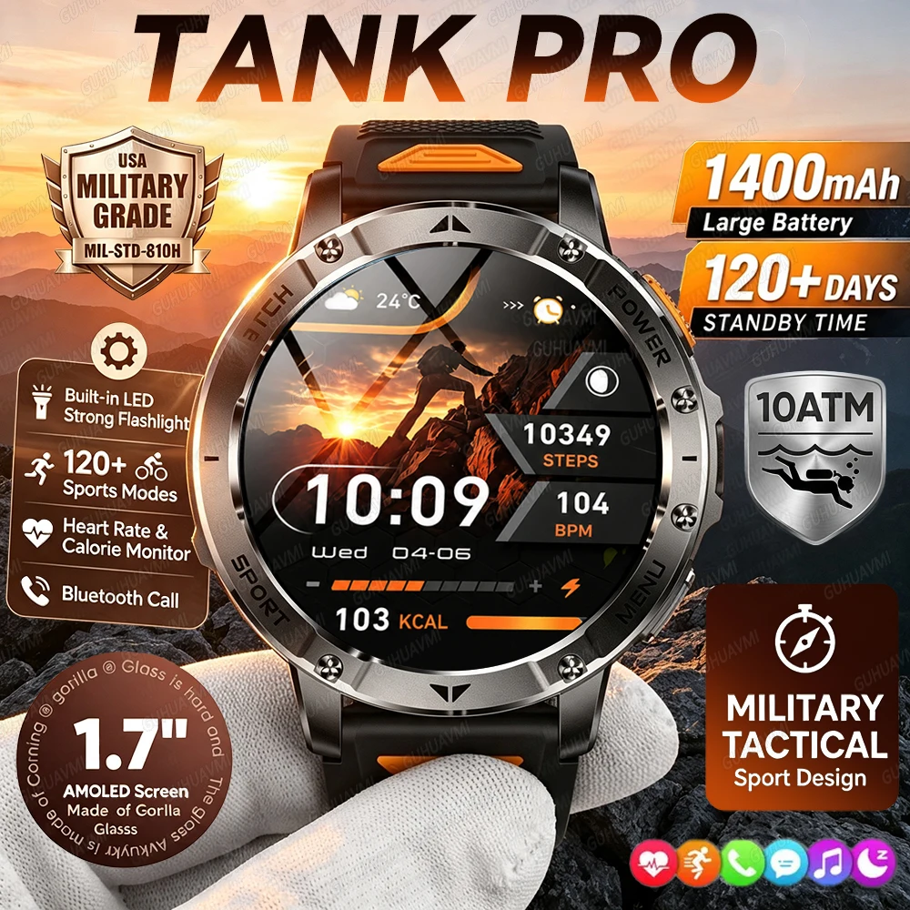 Фото Новые смарт-часы TANK PRO 2026 с аккумулятором 1400 мАч, HD AMOLED-экраном 1,7 дюйма, фонариком, фитнес-трекером и водонепроницаемостью 10ATM №1