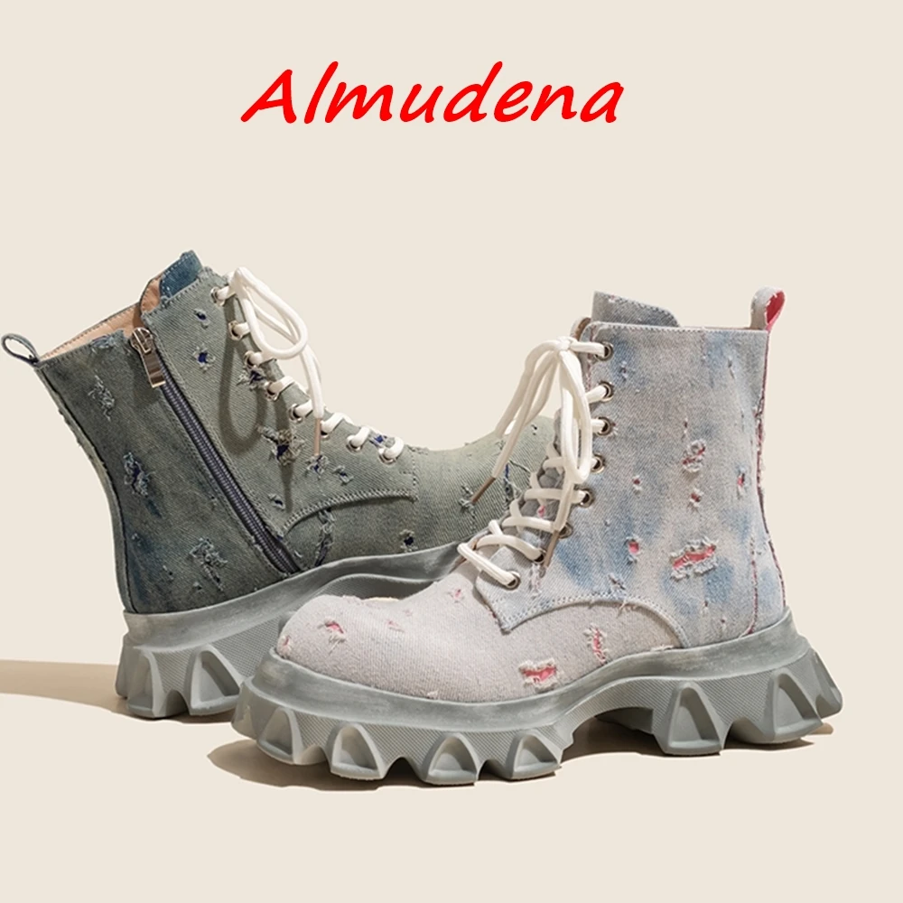 

Denim Microfiber Women Boots Mid Calf Lace Up Round Toe Rubber Height Increasing 5.5cm 2023 Spring Autumn Casual Fashion Shoes