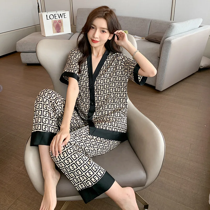 Women's Pajamas Set V Neck Design Luxury Cross Letter Print Sleepwear Silk Like Home Clothes XXL Large Size Nightwear