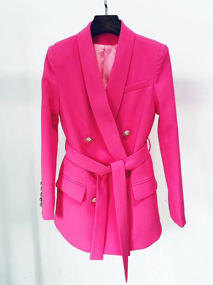 

HIGH STREET New Fashion 2023 Designer Jacket Women's Double Breasted Lion Buttons Belted Shawl Collar Blazer Hot Pink