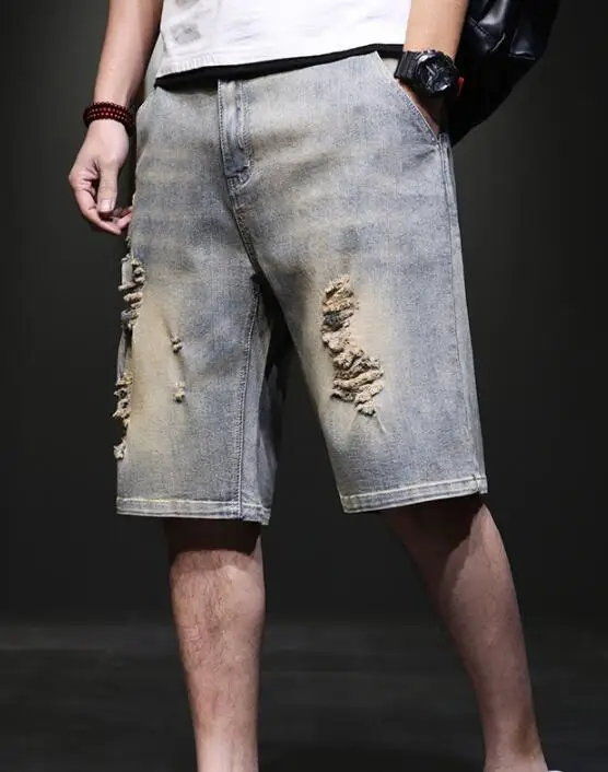 Ripped Jeans Fashion Mens Jeans Streetwear Retro Ripped Hole Jean Shorts Men Summer Denim Knee Length Boardshorts