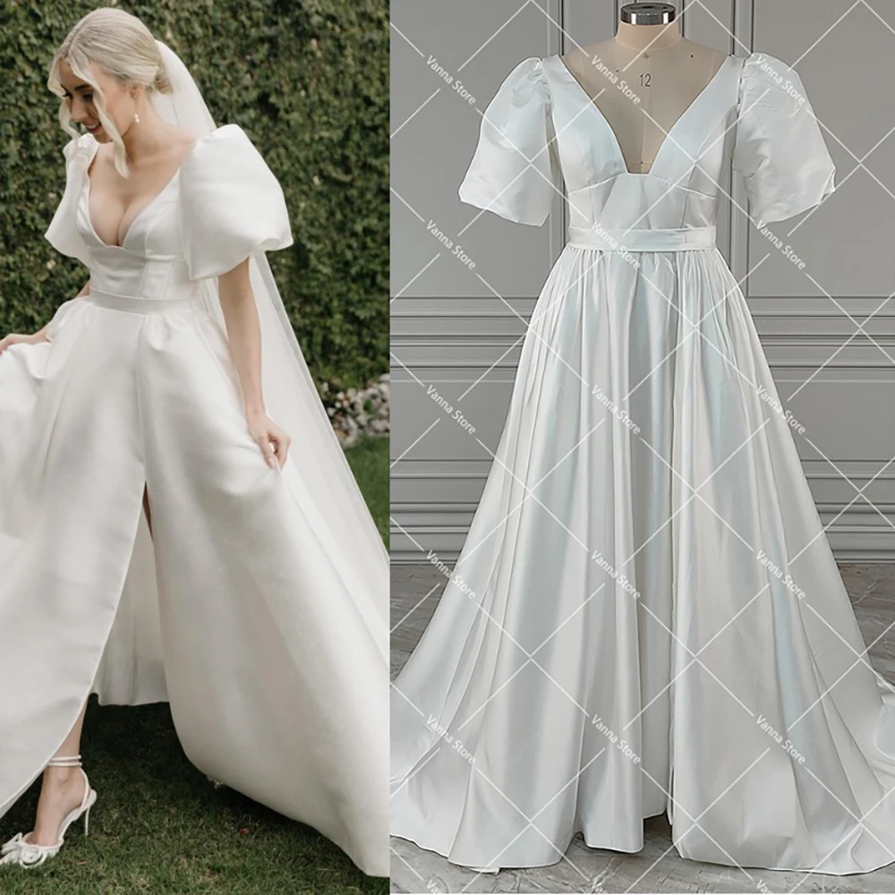 

Индивидуальное свадебное платье с коротким рукавом, V-образным вырезом, боковыми разрезами, пуговицами сзади