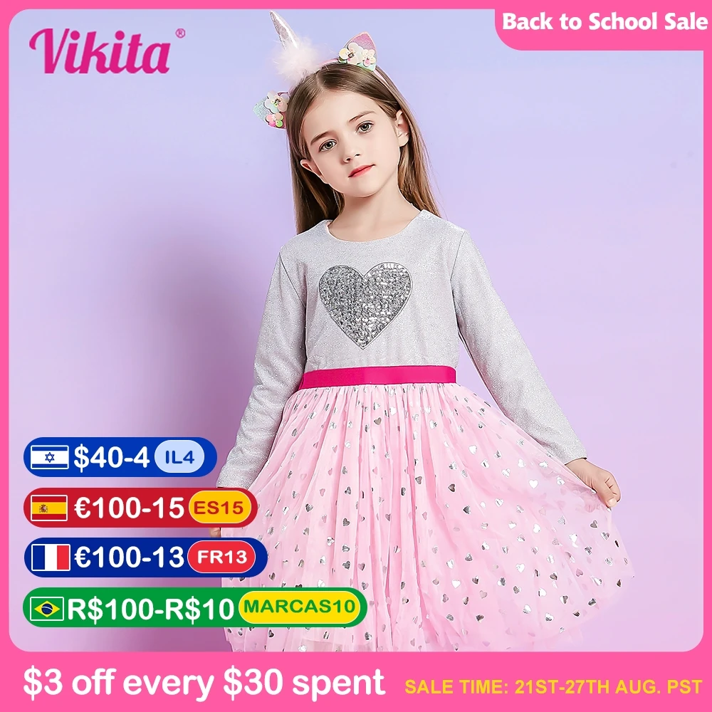 

VIKITA Children Girls Dresses Heart Yarn Kids Dress Long Sleeve Children New Year Gift Kids Dresses Skin Friendly