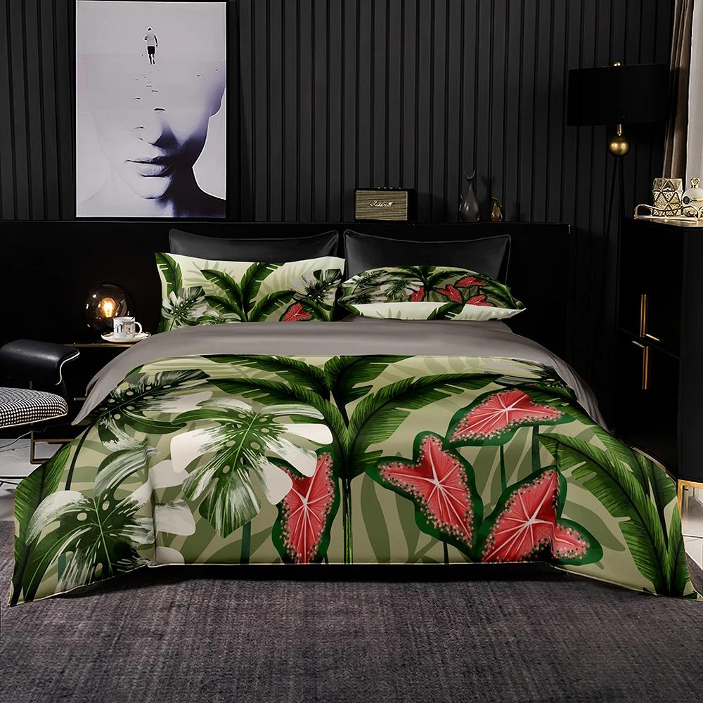 

2/3 Set Bedding Set Tropical Leaf Print,Showy Red Petal Duvet Cover 220x240,Light Brown Set with Pillowcase for King Queen Size
