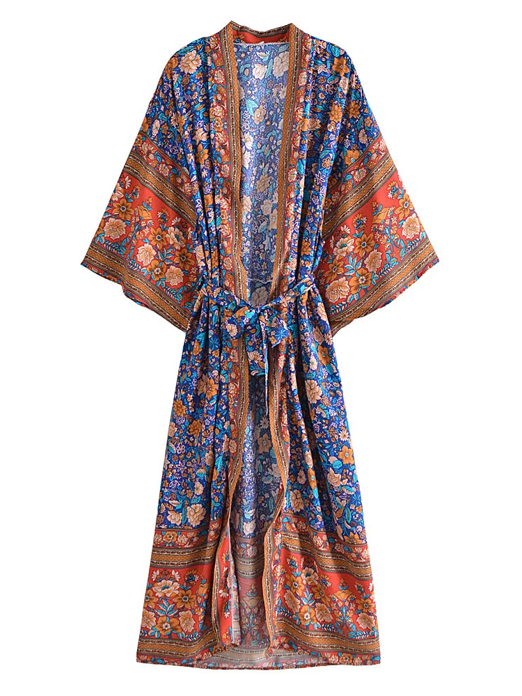 

Fitshinling Bohemian Kimono Women Summmer Cover-Ups Swimwear Women 2022 Print Floral Vintage Beach Outfits With Sashes Cotton
