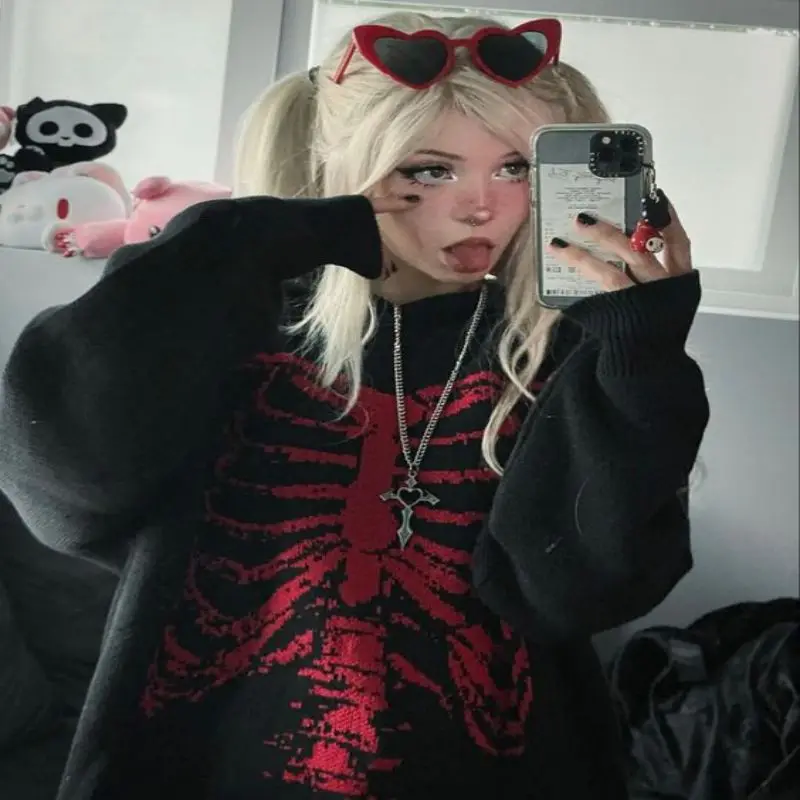 

Свитер с графическим принтом в виде скелета в стиле Харадзюку, Женский уличный Свитер оверсайз в стиле хип-хоп, осенний пуловер для мужчин, м...