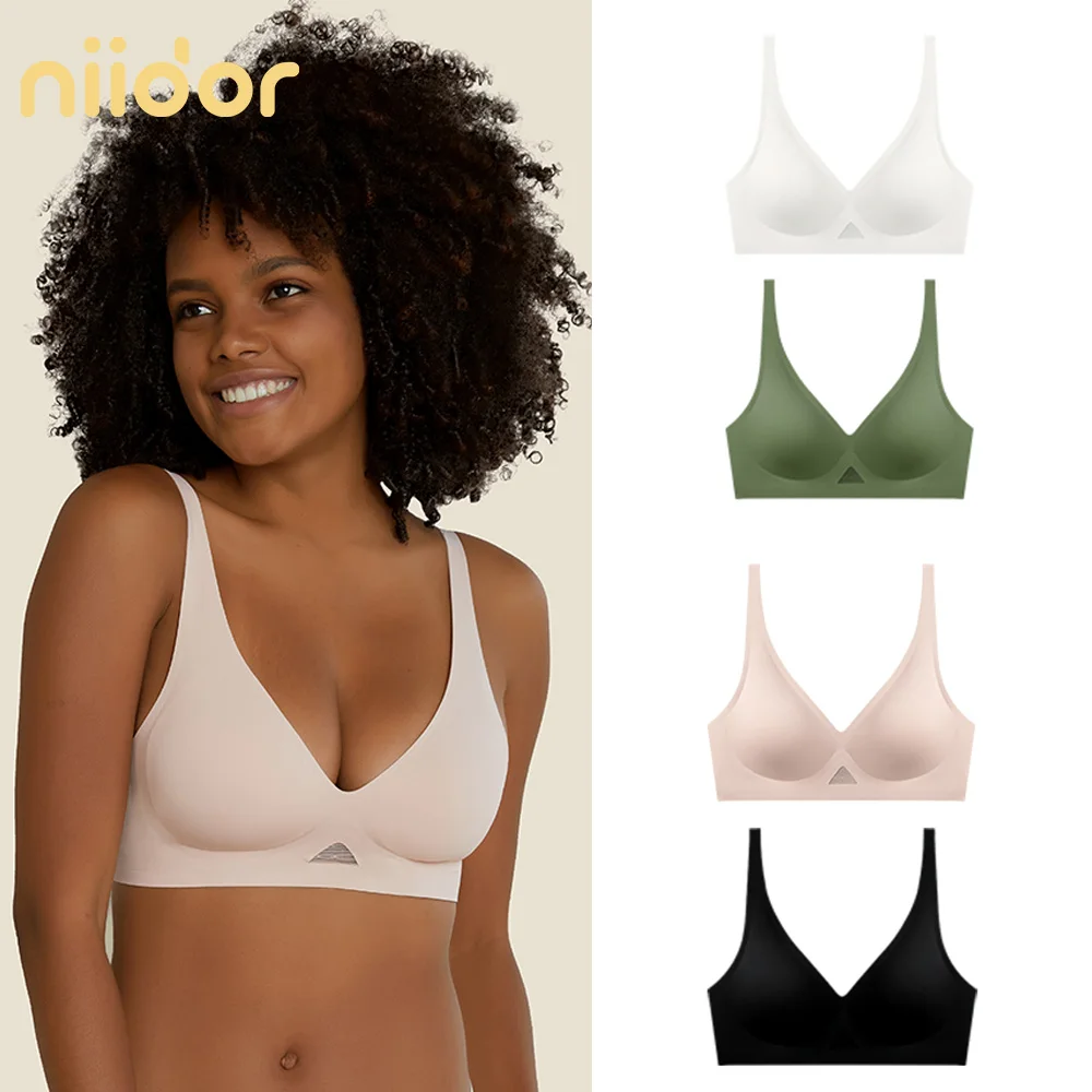 Niidor Seamless Wireless Bra V Neck Invisible Comfort Bra Breathable Wirefree Bralette Thin Soft Everyday Bra for Women Girl Bra