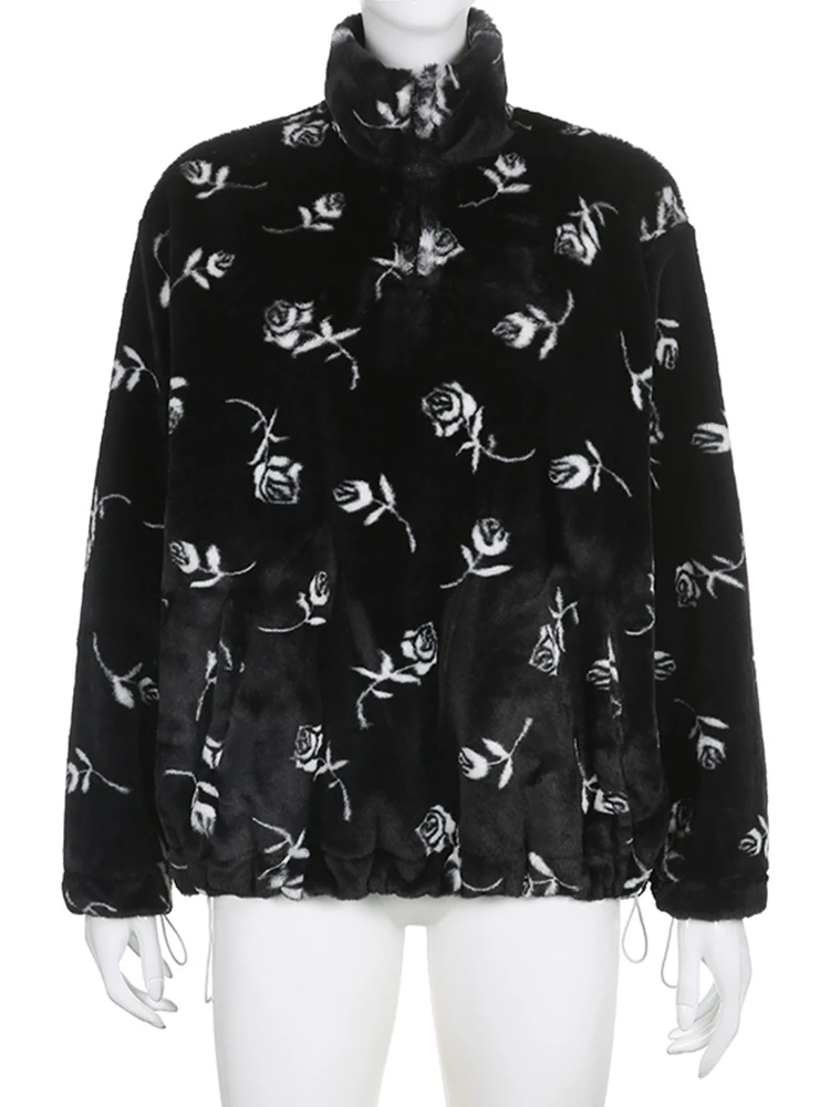 WieYao 2022 Winter Fluffy Faux Fur Coats For Women Floral Print Zip Up Stand Collar Full Sleeve Oversized Pullover Sweatshirts