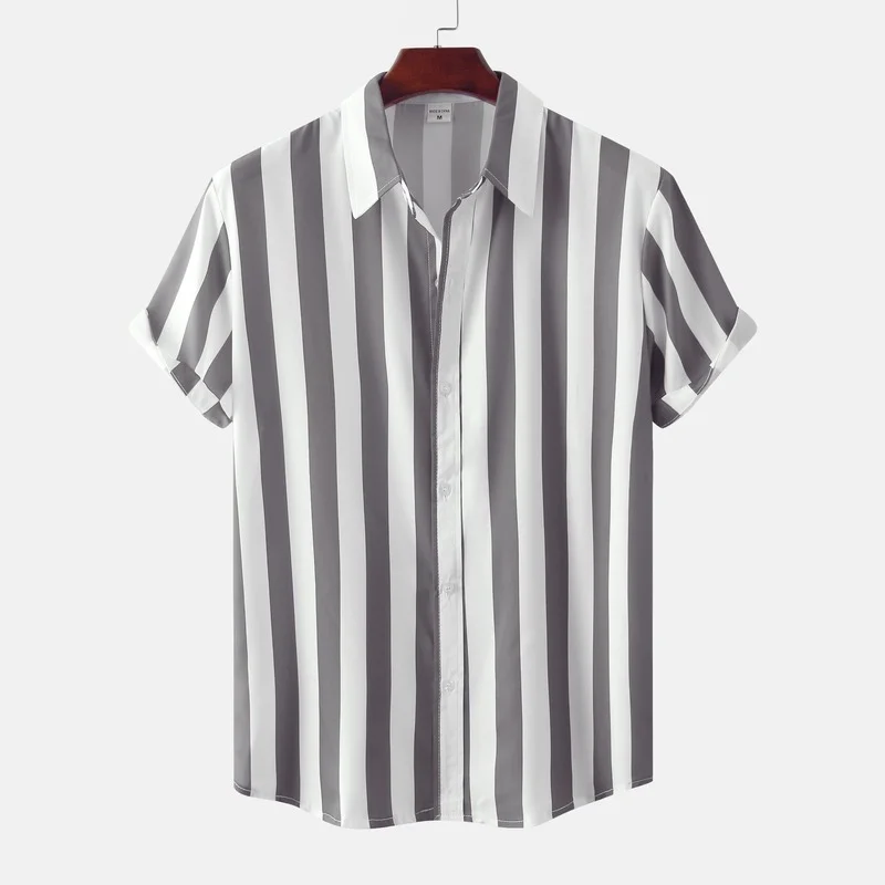 

Men Clothing 2022 New Summer Fashion Striped Casual Slim Lapel Youth Men's Short-sleeved Shirt