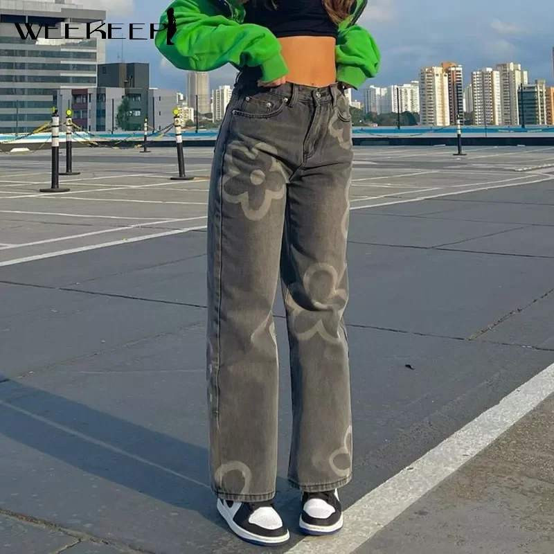

Weekeep Streetwear Grey Straight Jeans Women High Waist Floral Print Loose Denim Trousers Summer Casual Harajuku 2021 Long Pants