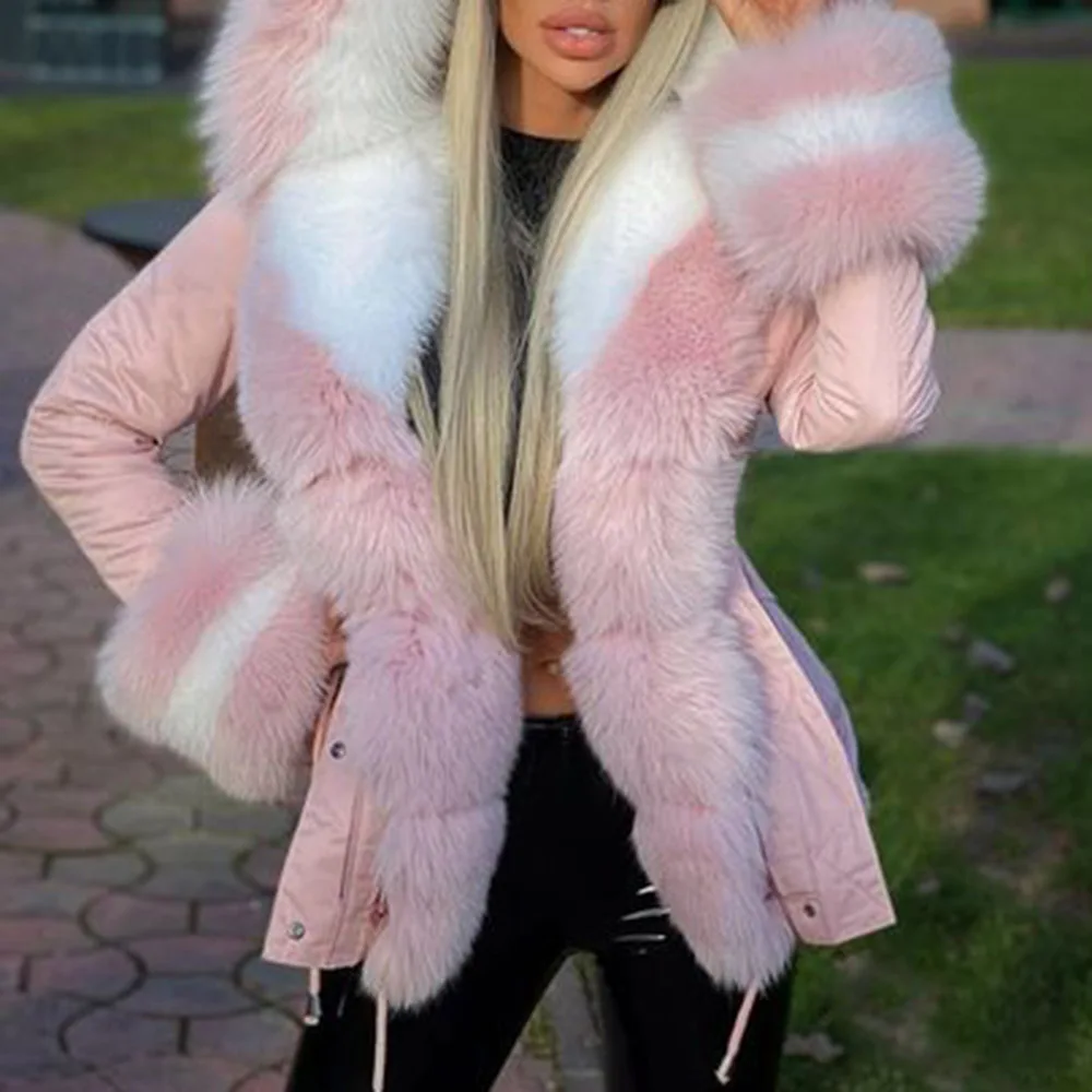 Fashion Brand New Big Fur Collar Winter Coat Women Warm Thick Loose Parkas Casual Hooded Long Sleeve Faux Fur Jacket Coats Mujer
