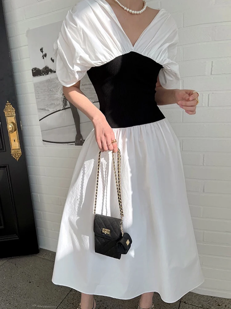 

Korean Minimalist Dress For Women V Neck Short Sleeve Gathered Waist Midi A Line Dresses Female 2022 Spring Clothing New N790