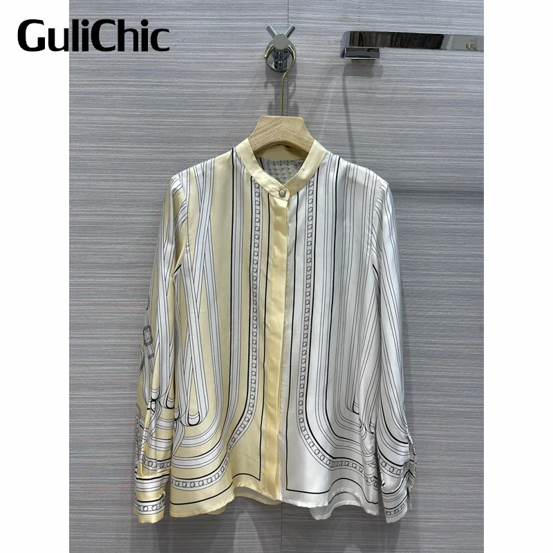 

Женская Элегантная блузка GuliChic 4,18 года, Повседневная Блузка контрастных цветов со скрытым рядом пуговиц, шелковая рубашка