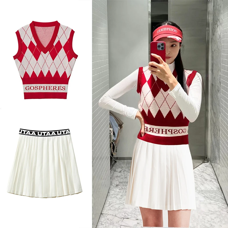 

Exported to South Korea Women's Golf Clothing 2023 Spring Knitted Vest Sports Vest Sunscreen A-line Pleated Skirt Pants