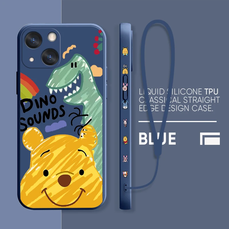

Cute Anime Winnie the Pooh Case For Apple iPhone 14 13 12 Mini 11 Pro XS MAX XR X 8 7 SE Plus Liquid Left Rope Phone Cover Coque