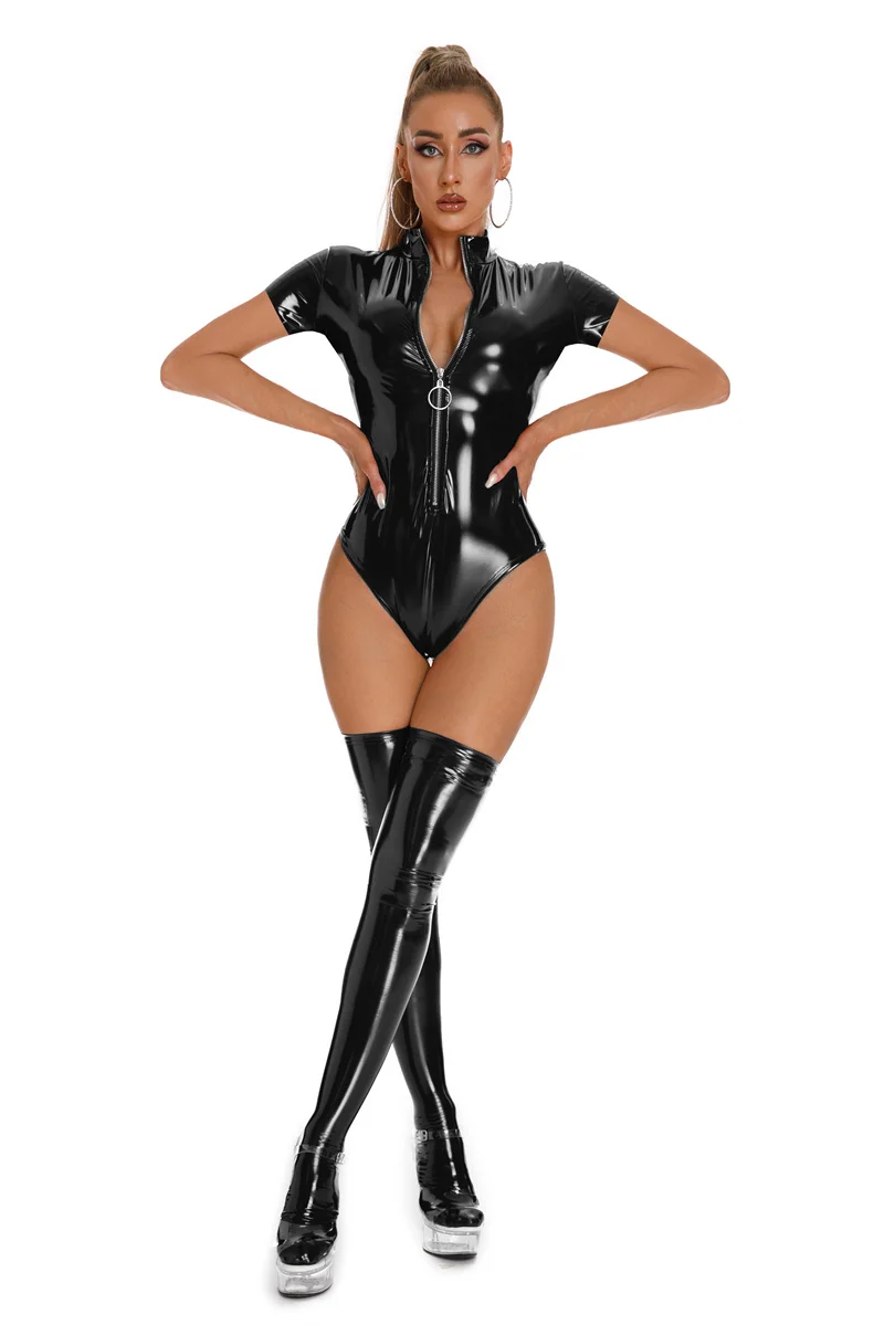 

Women Lingerie Patent Leather Bodysuit Glossy Catsuit One-piece Stand Collar Leotard Sexy Clubwear Zipper Short Sleeve Jumpsuit