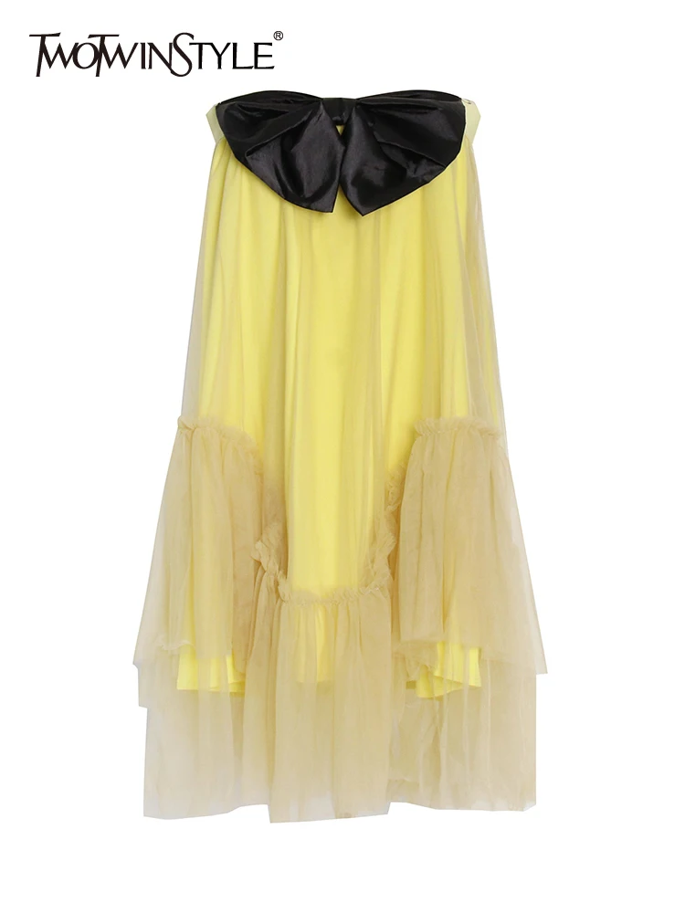 

TWOTWINSTYLE Sexy Patchwork Mesh Dress For Women Strapless Sleeveless Solid Loose Mini Dresses Female Summer Fashion Style 2022