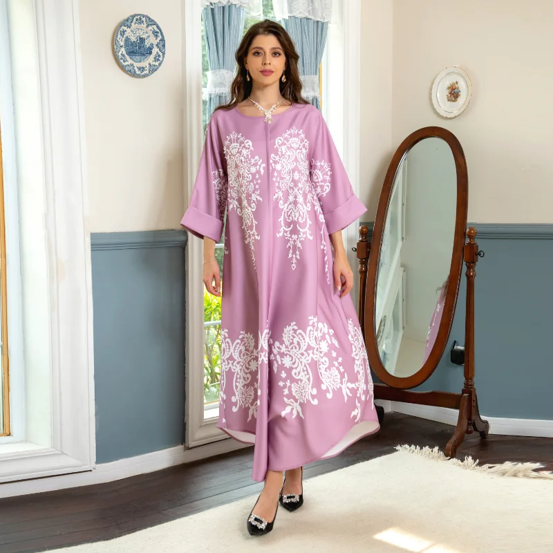 Abaya Dress Muslim Elegant Women 3/4 Sleeve Polyester Yellow Light Purple Long Abaya Muslim Fashion Dress Muslim Dress Women