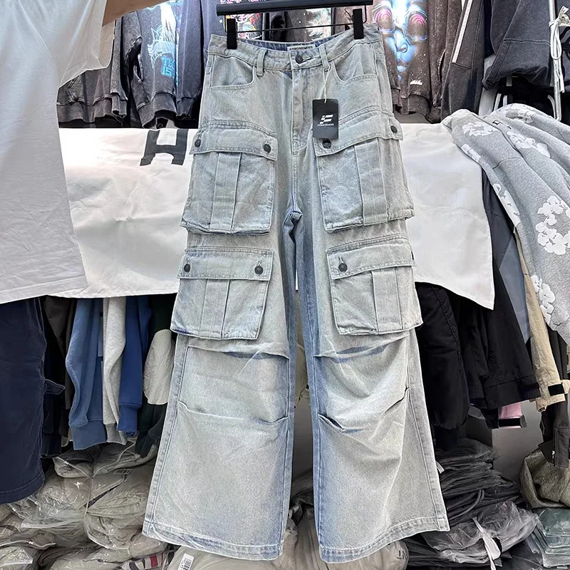 

Зимние Серые Рабочие джинсы, свободные прямые джинсовые брюки в стиле ретро