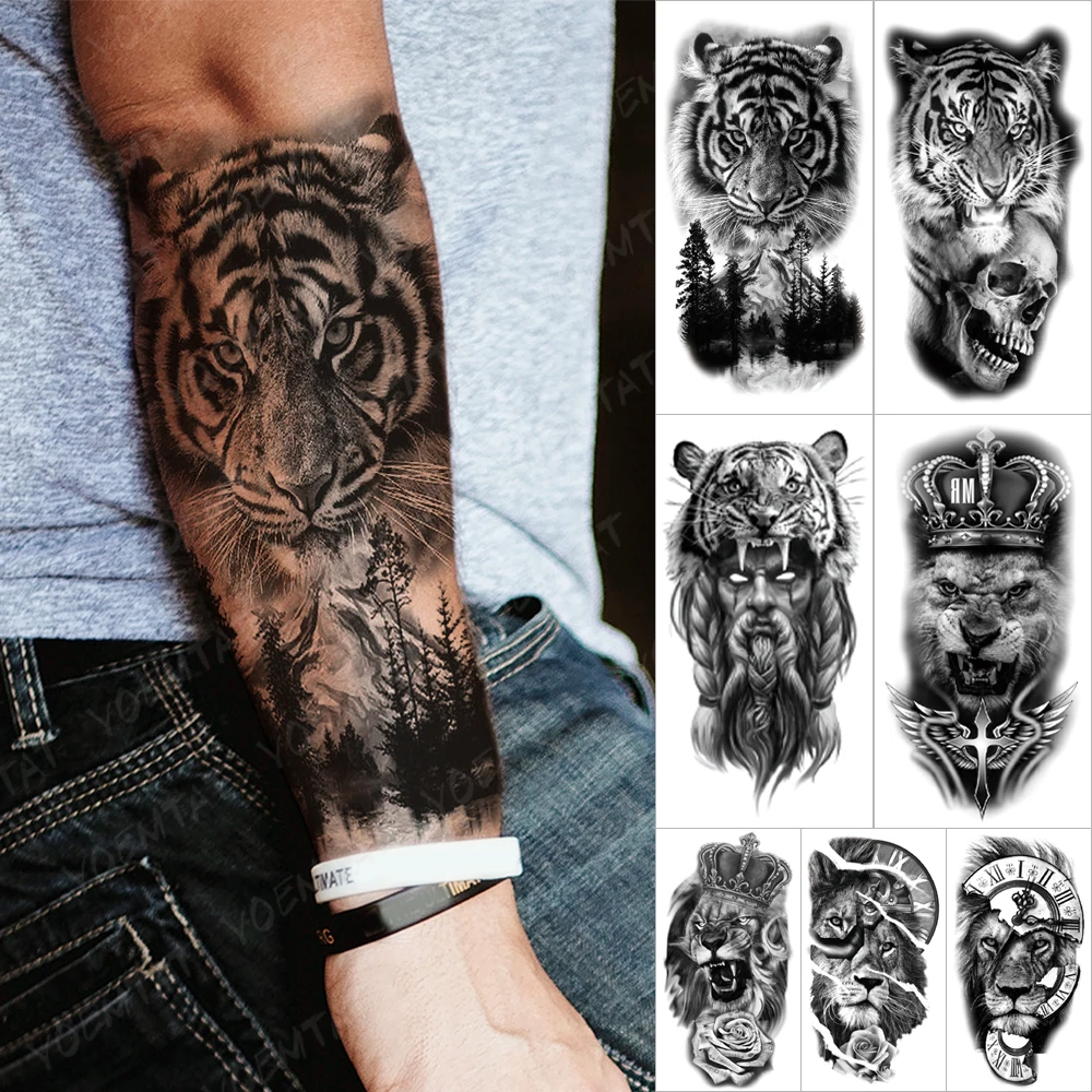 

Водостойкие временные тату-наклейки, тигр, Лев, холмы, Череп, корона, искусственная татуировка, искусственная Татуировка до бедра, боди-арт, ...