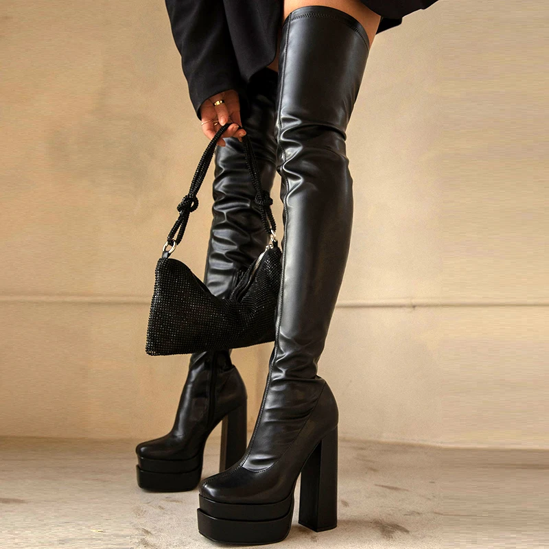 Brand Platform Boots Female Women Shoes Thigh High Boots Winter 2022 Block High Heels Pu Leather Elastic Over The Knee Boots