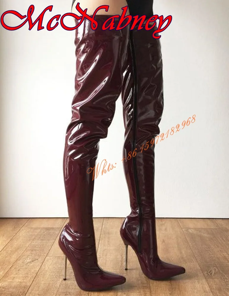 Metal Stiletto Heels Pointy Boots Solid Patent Leather Over the Knee Side Zipper Women Shoes Sexy Super High Heel Long Boots