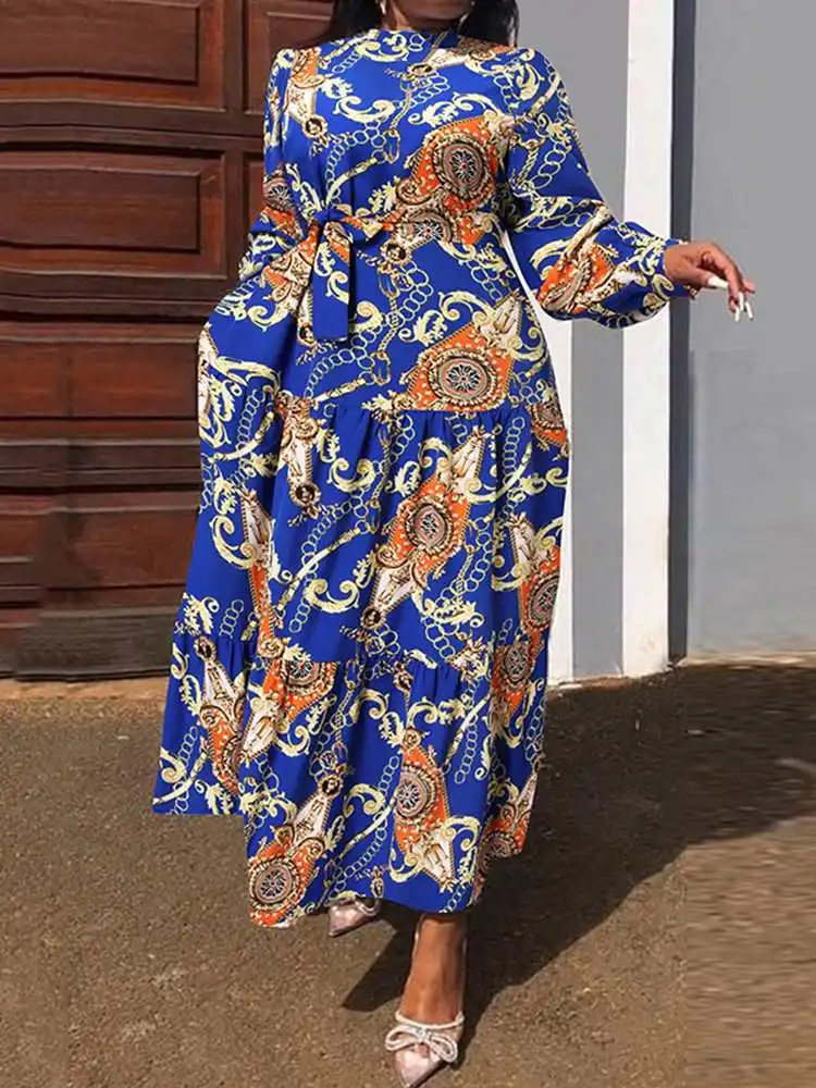 

Женское платье-макси с длинным рукавом, воротником-стойкой и поясом