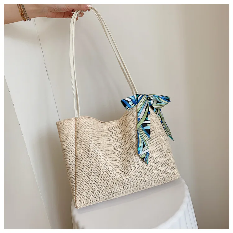 Summer Large Capacity Beach Woven Bags Women Bow Rattan Bucket Bag Travel Holiday Shopper One-shoulder Totes Cross Body Portable