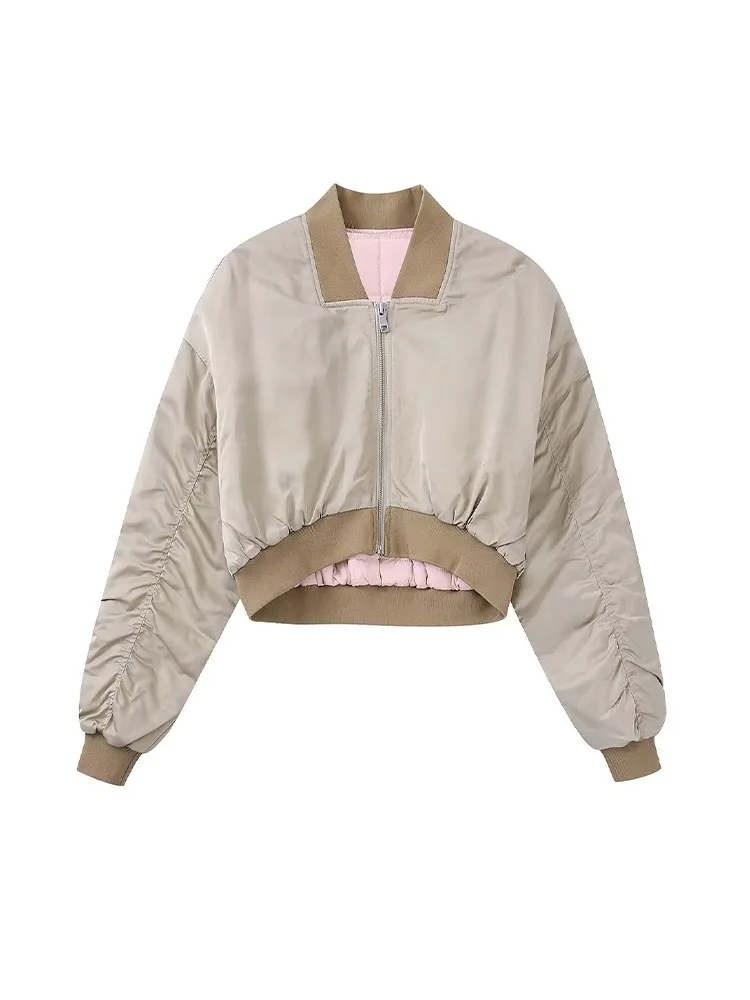 

PB&ZA 4432834 Women 2022 New Fashion Satin Texture Short Quilted Cotton Flying Jacket Coat Female Outerwear Overshirt 4432834