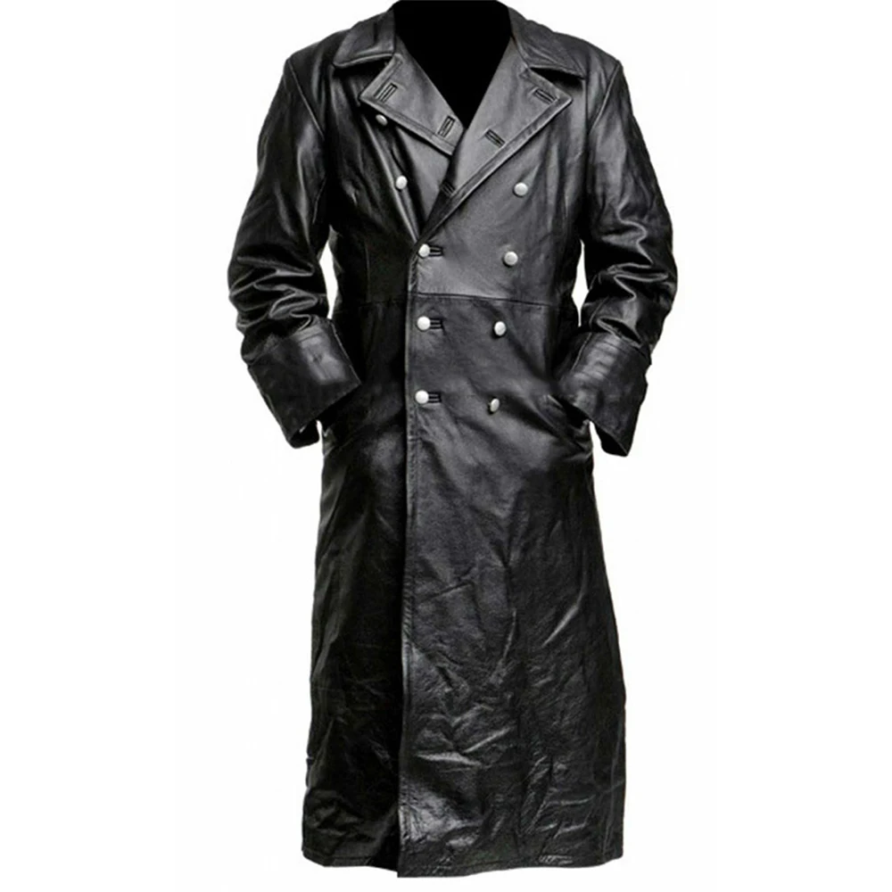 

Long PU Jackets Men Double Breasted Trench PU Leather Long Coat Lapel Slim Windbreaker Jacket Medieval Coat Outwear A50