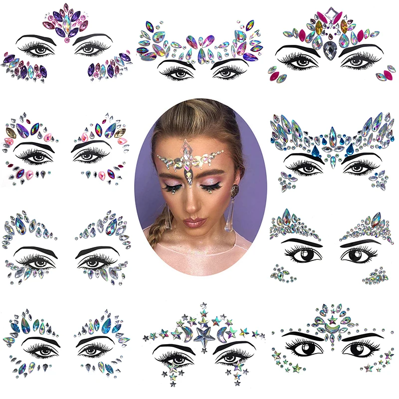DIY 3D Shiny Crystal Face Sticker Tattoo Music Festival Rhinestone Eyebrow Tattoo Sticker Carnival Party Face Decoration Jewels