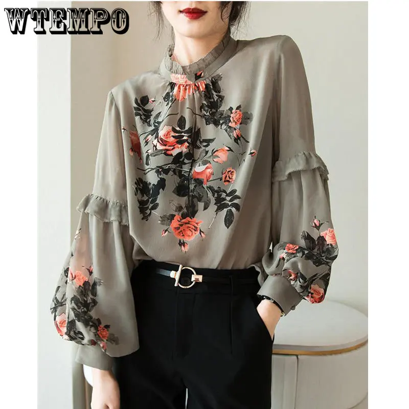 

WTEMPO Floral Print Lantern Sleeve Shirt Boho Blouse Sexy Chiffon Single Breasted O Neck Women Tops Spring Summer Chic Blouses