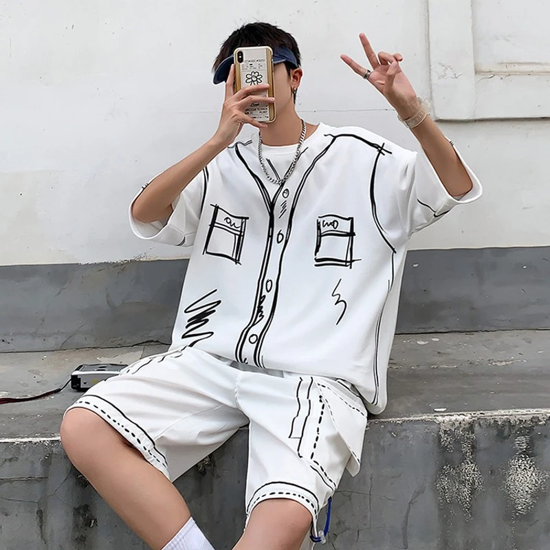 Summer 2pcs Men's Set Matching Shorts T-shirts Hand-painted Clothing O-Neck Short Sleeve Oversize Streetwear Creative Graffiti