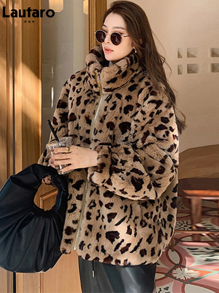 Lautaro Зимнее женское пальто из искусственного меха с леопардовым принтом