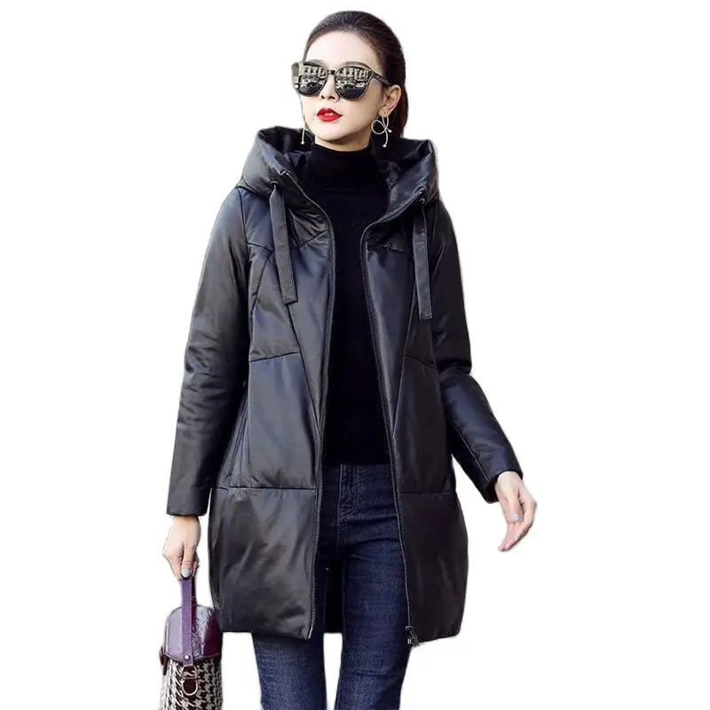 Thicken Snow Parkas Winter Women's Warm Hooded PU Leather Jacket Black Loose Long Coat Windproof Female Cotton Leather Overcoat