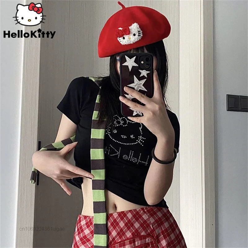 Sanrio Hello Kitty Red Berets Y2k Millennial Fashion Round Hats Women Headwear Accessories Female New Cartoon Aesthetic Caps
