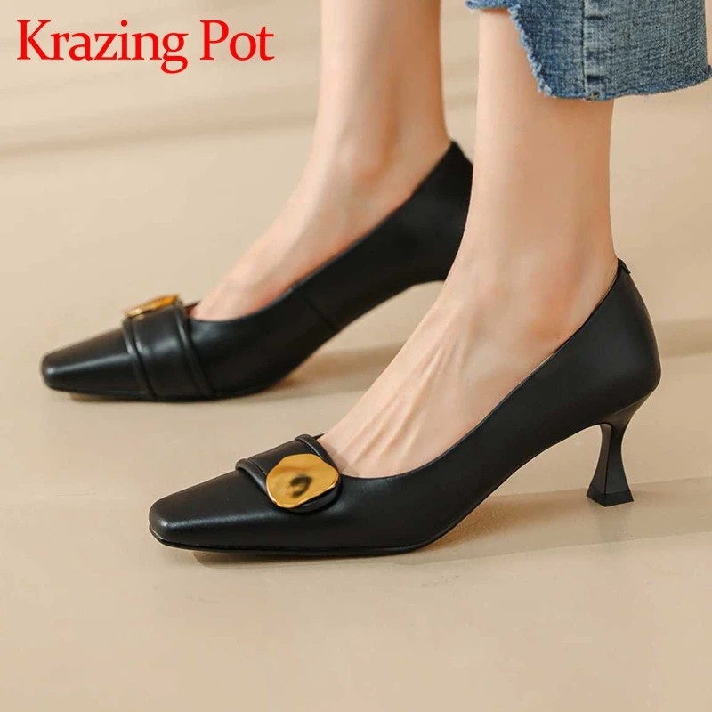 

Krazing pot big size genuine leather square toe strange high heels metal decorations office lady daily wear cozy women pumps L76