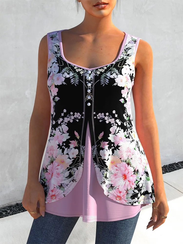 

Summer Vintage Floral Print T Shirt Women Fashion Square Collar Loose Tee Shirt Female Oversized Casual Sleeveless Tshirt Tops