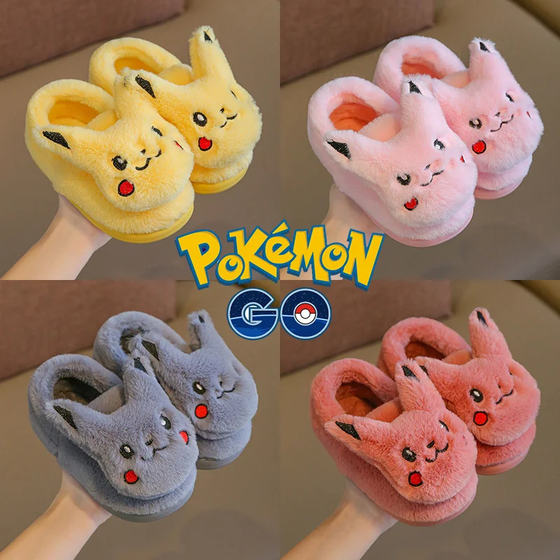 Anime Pokemon Pikachu Kids Cotton Slippers Bag with Cute Winter Home Slippers Furry Non slip Boy Girl Children Baby Cotton Shoe