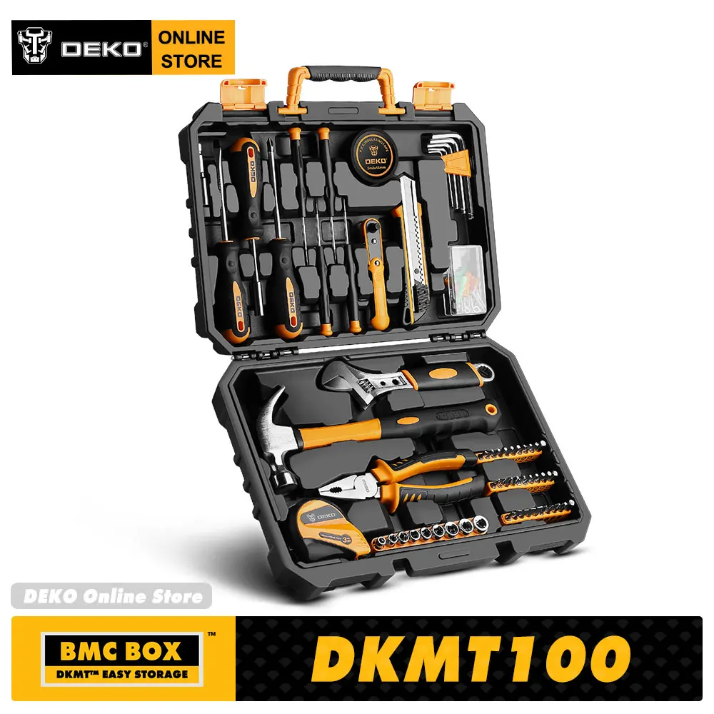 

DEKO DKMT100 Набор торцевых гаечных ключей для повседневного использования для ремонта автомобиля с драйвером лента отвертки измерительная лента мультиинструмент с ящиком для инструментов