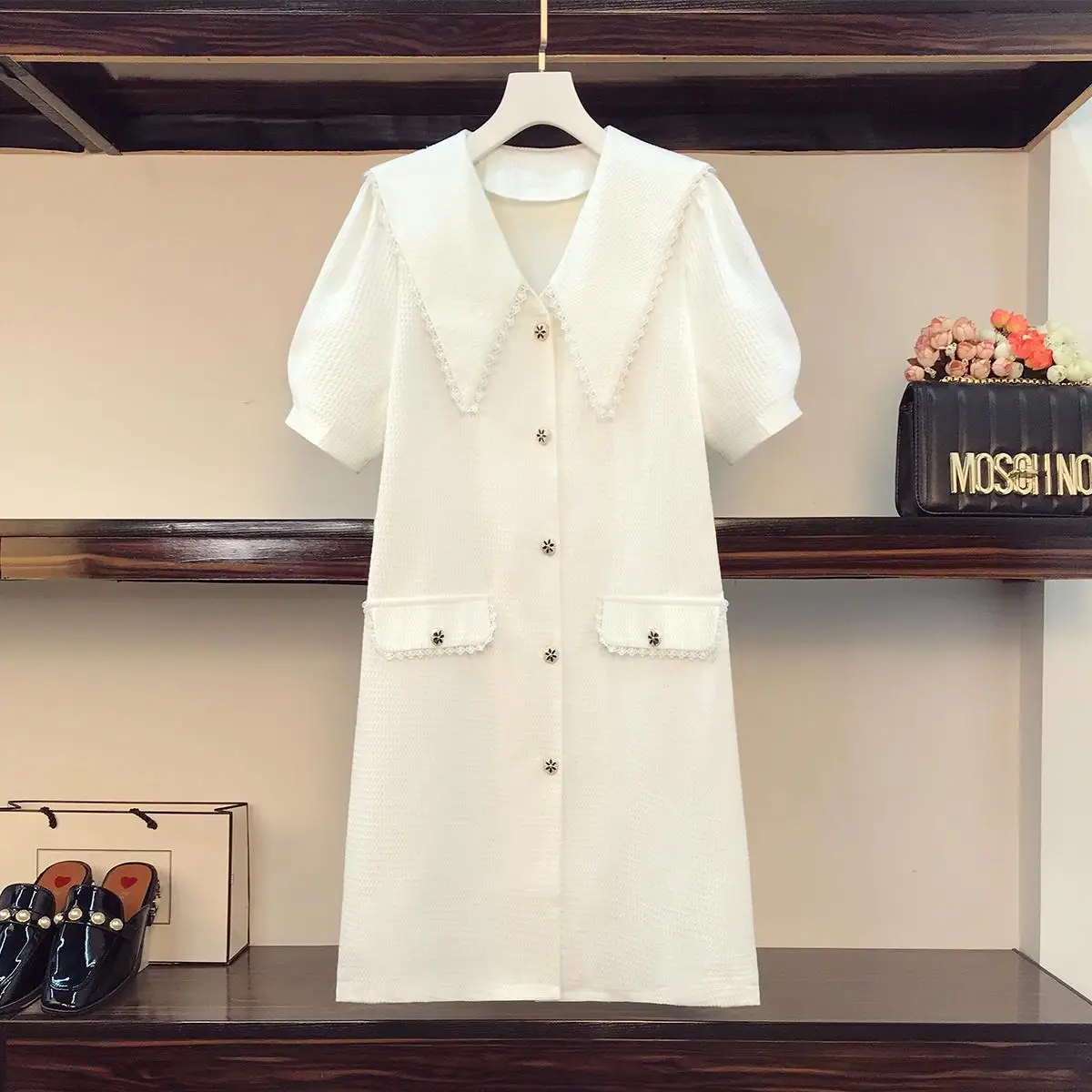 

4XL size women elegant Office Summer dress vestido 2022 short sleeve v neck button loose short dresses black white