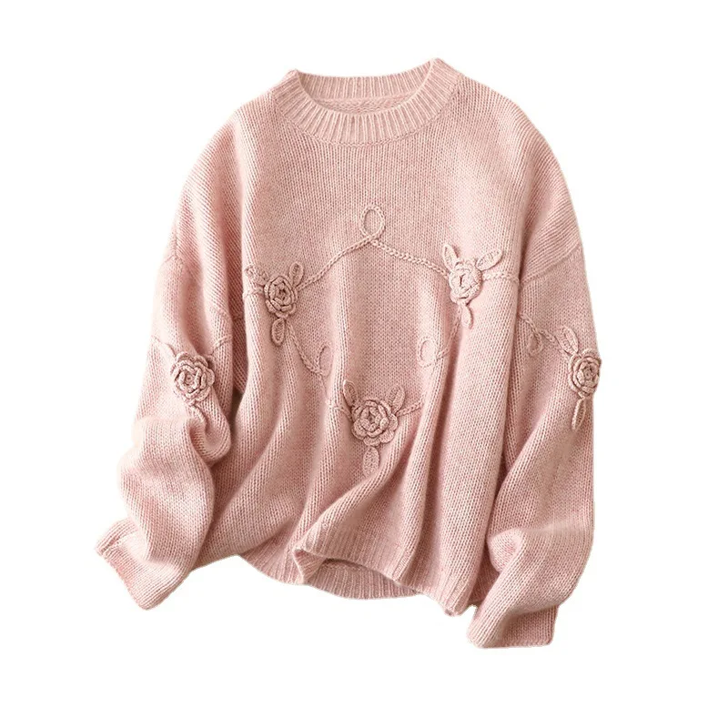 

Cashmere Pullover 2023 Spring LOOSE O-Neck Appliques Prairie Chic Pink Sweater Korean Fashion Blusa De Frio Feminina