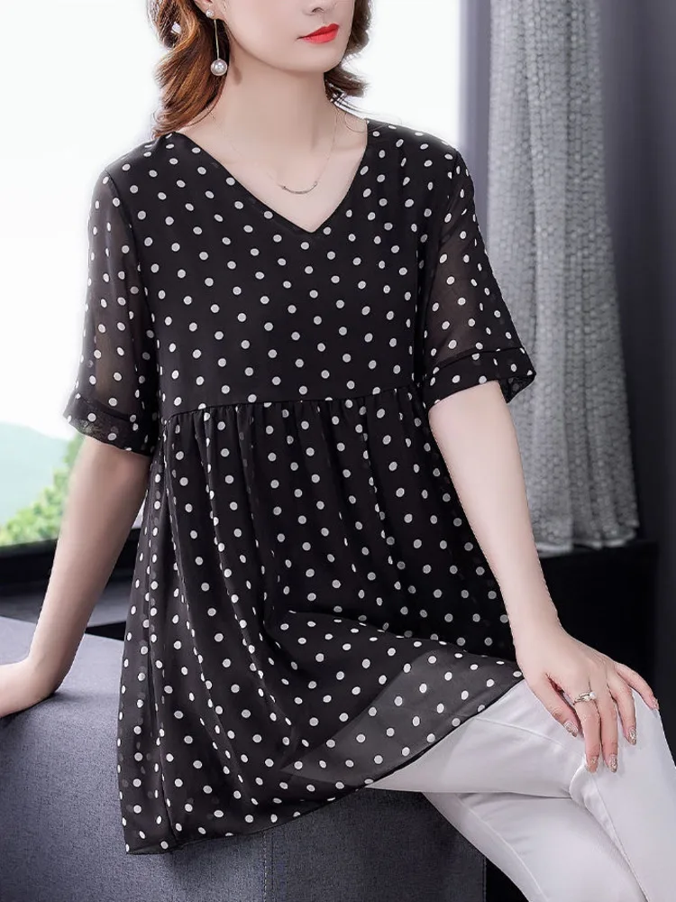 

L-6XL Large Size Chiffon Blouses Women Summer Fashionable V-neck High Waist Oversize Tops Short Sleeve Polka Dot Loose Shirts