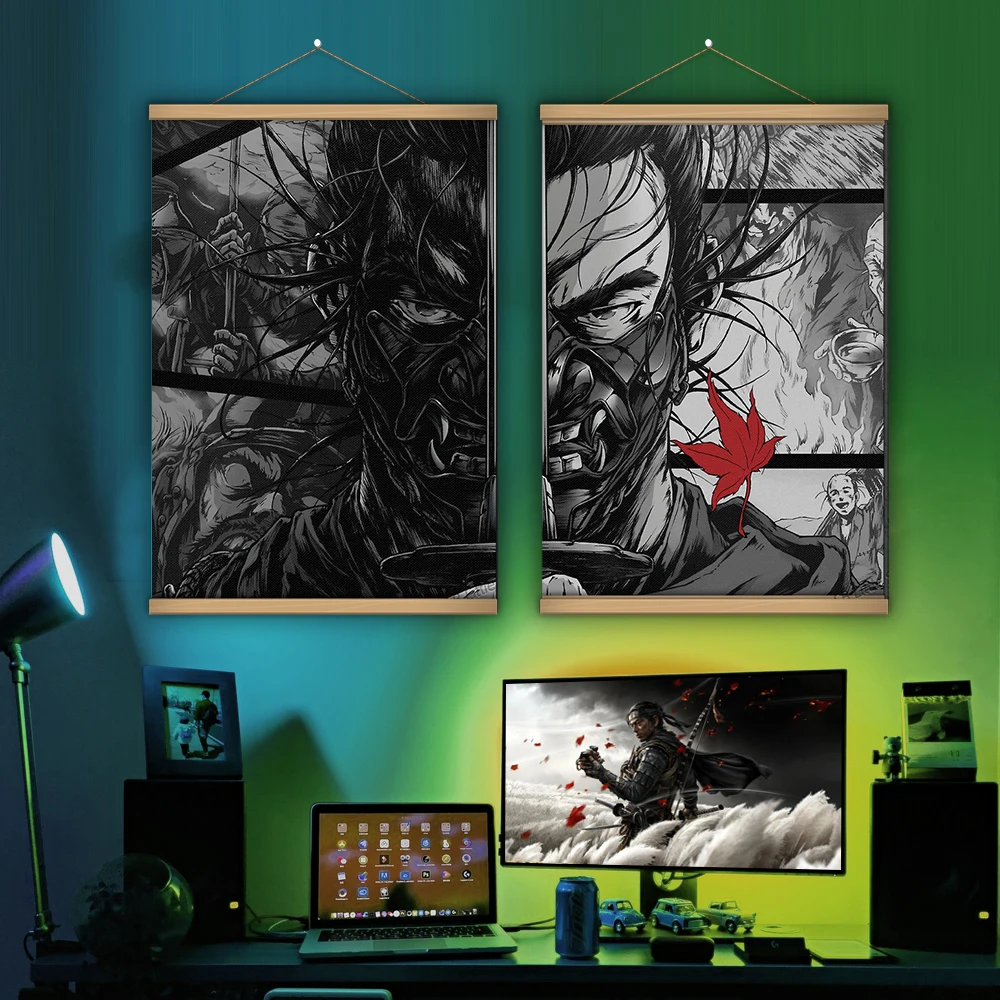 Ghost Tsushima Ronin Samurai Shadow PS5 Anime Video Game Poster Canvas Printed Painting Wood Hanging Scroll Design Wall