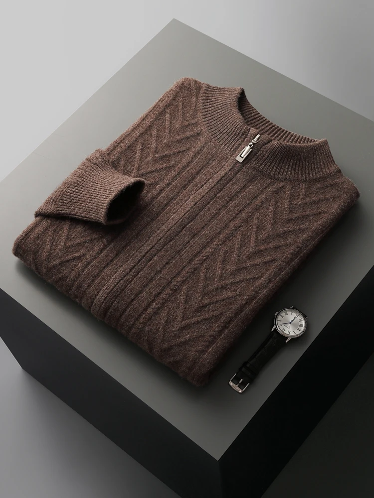 Мужской трикотажный кардиган из 100% шерсти с круглым вырезом и длинными рукавами