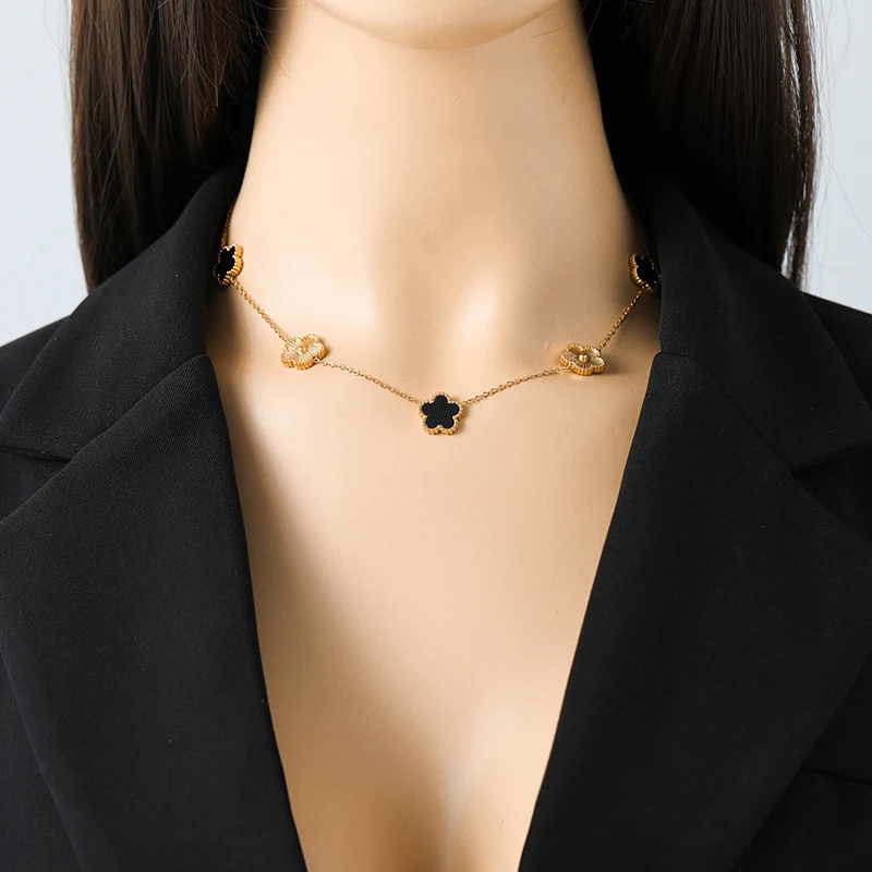 EILIECK Нержавеющая сталь 316L Черный цветок пятилистный клевер ожерелье браслет