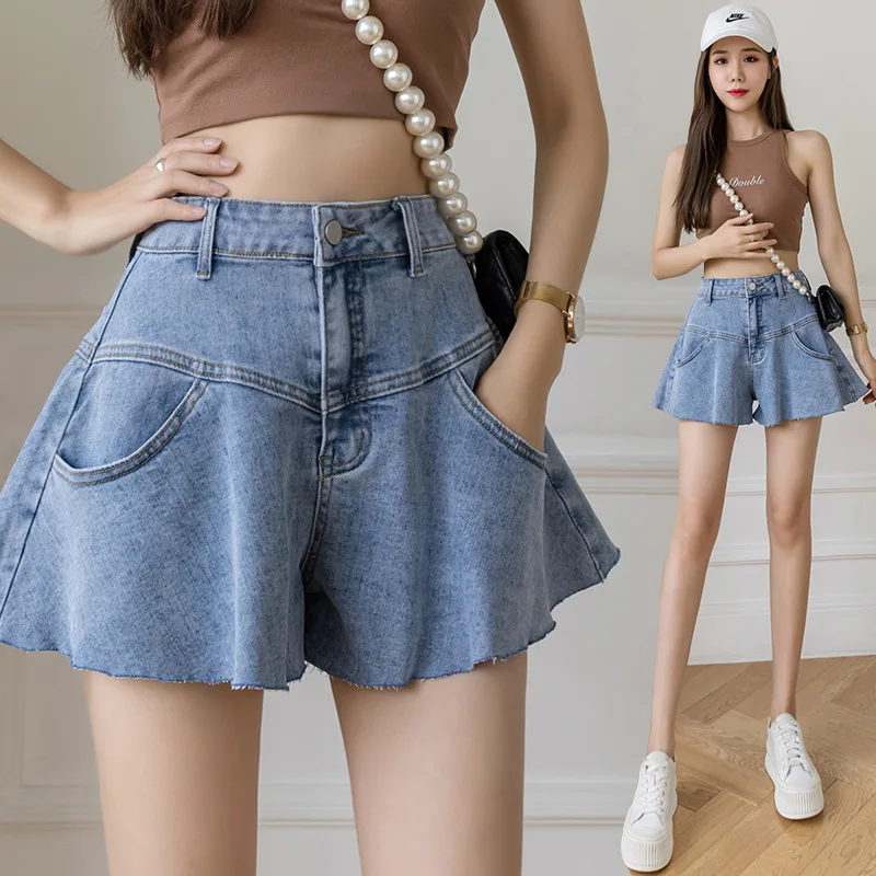 Women's Denim Shorts Versatile Design Flare Hock Skirt Wide Leg Ruffle Denim Shorts Hot Pants Umbrella Pants Women