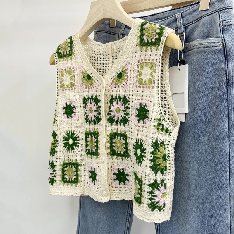 Женский Винтажный Вязаный Жилет С Цветочным Принтом В Стиле Бохо Однобортный