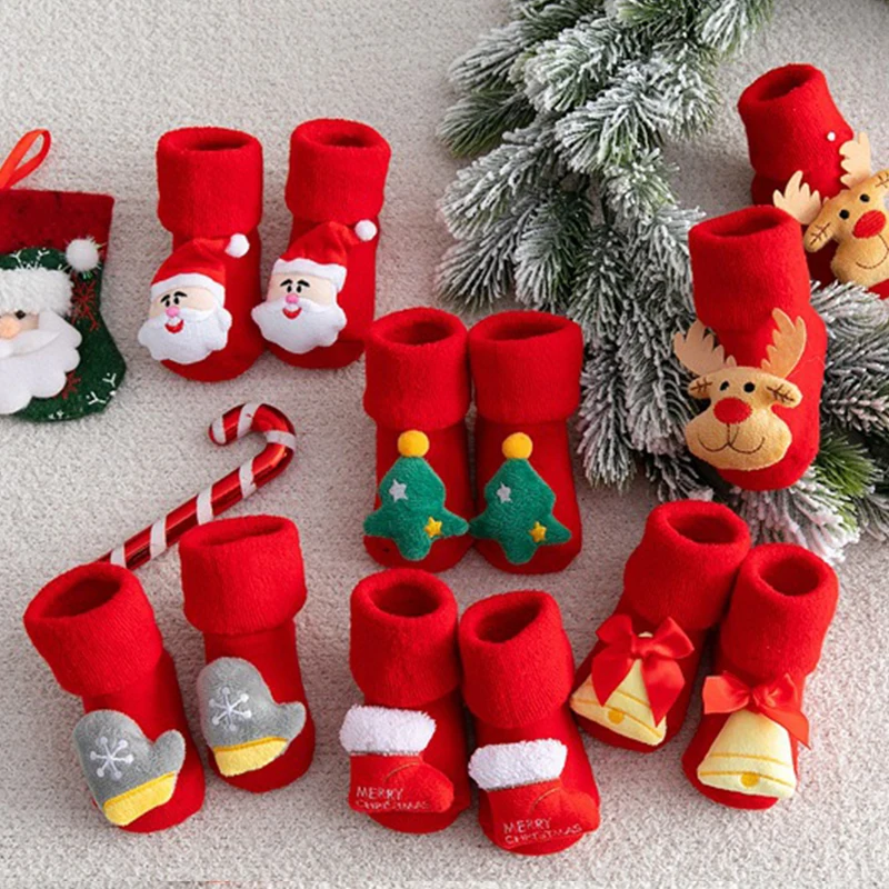 

Детские Рождественские яркие хлопковые короткие носки для младенцев Детские носки для девочек и мальчиков Нескользящая одежда для малышей с принтом