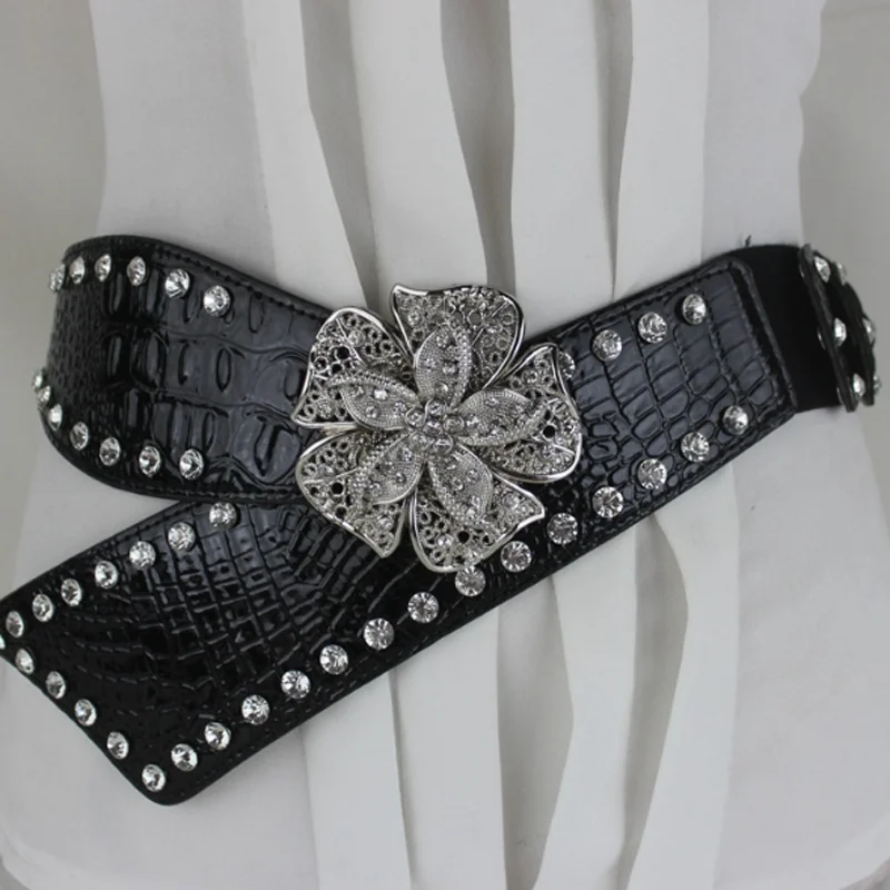 Fashion Flower Alloy Buckle Strap Rhinestone Belt Wome Crystal Studded Corset Belt for Jean Cinto De Strass Clothes Decoration